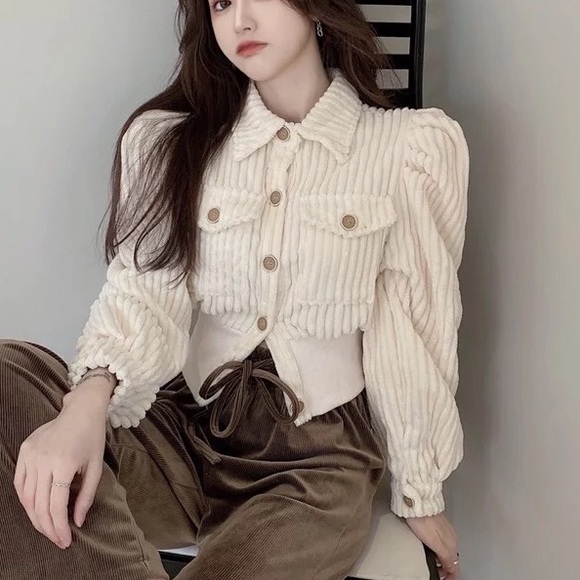 Corduroy jacket sweater bomber pocket ivory cream button womens - Picture 2 of 11